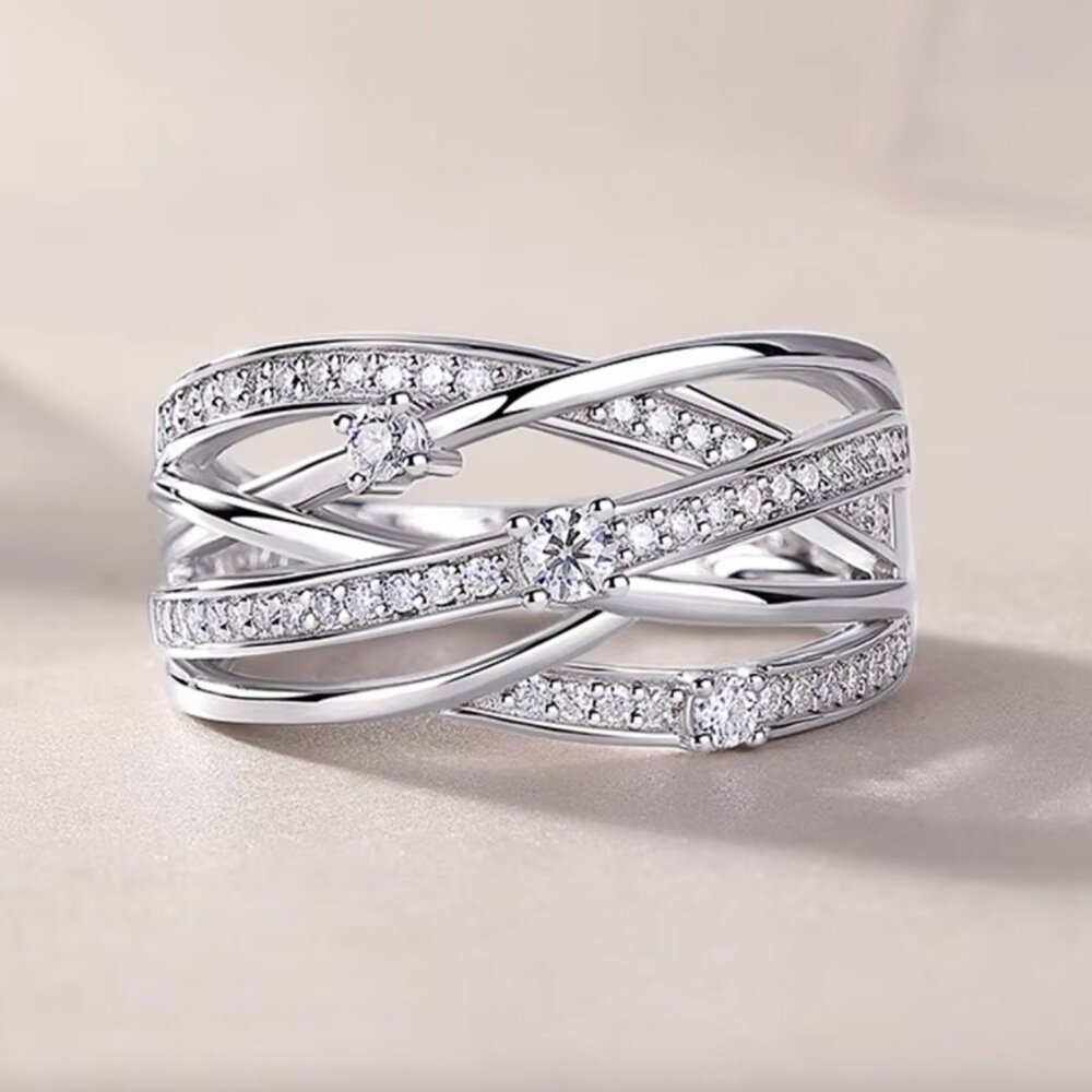 NEW 18k White Gold Diamond Multi Layer Diamond Ring Band Wide Ring